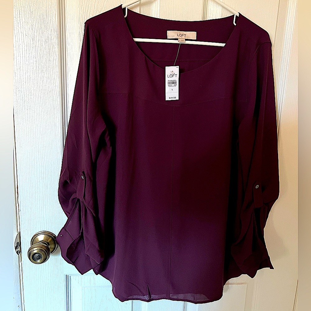 LOFT Large Deep Purple Long Sleeve Blouse (Adjustable Sleeves w/ Button)
